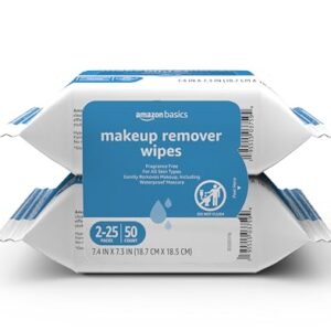 Amazon Basics Makeup Remover Wipes, Fragrance- and Alcohol-Free, Gentle Cleansing, Removes Waterproof Mascara, Dermatologist Tested, 25 Count, Pack of 2 (Previously Solimo) -