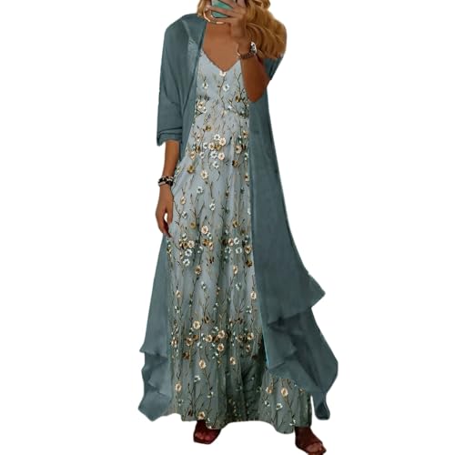 Akivide Womens's Casual 2 Piece Set Boho Floral Print Maxi Dress with Cardigan Flowy Chiffon Wedding Guest Dresses for Women -