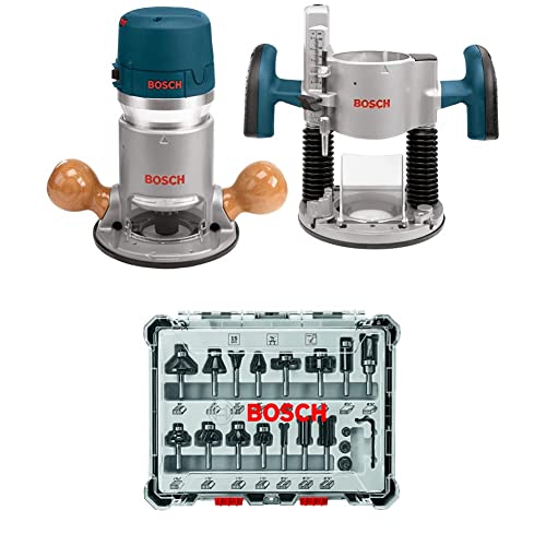 BOSCH 1617EVSPK Wood 12 Amp Router Tool Combo Kit - 2.25 Horsepower Plunge Router & Fixed Base with a Variable Speed&BOSCH 15 pc. Carbide-Tipped Wood Router Bit Set -
