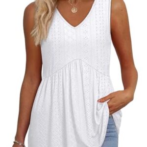 Women's Clothing Beach Vacation Clothes for Women Fashion Clothing Summer Tops White Eyelet Tops Sleeveless Empire Waist Top L -