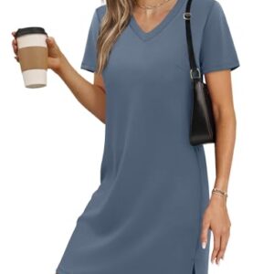 RUMIA Summer Casual Dresses for Women 2025 Mini Vacation Dress V Neck Short Sleeve Split Hem Beach Sundress Dustyblue M -