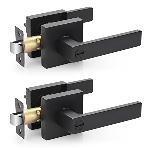 Heavy Duty Flat Black Square Privacy Door Levers Bedromm Door Lock Door Handles Interior Door Knob Keyless Bed/Bath Lockset 2 Pack -