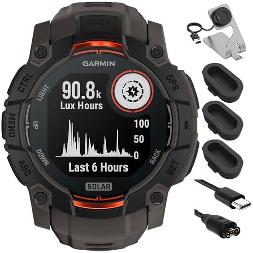 Garmin 010-02935-00 Instinct 3-50 mm Outdoor GPS Smartwatch Solar Black with Charcoal Band Bundle with Charging Dock, Silicone Dust Cover for Watch 3 Pack and USB Type C Charging and Sync Cable -