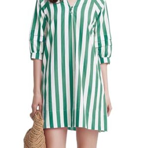 Womens Striped Mini Dress V Neck Casual Summer 3/4 Lantern Sleeves Loose Beach Tunic Shift Dresses Green -