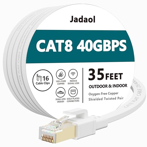 Cat8 Ethernet Cable, Outdoor&Indoor, 35 FT Heavy Duty High Speed Cat 8 LAN Network Cable, 40Gbps 2000MHz RJ45 Flat Internet Computer Patch Cord, Weatherproof S/FTP UV Resistant for Router/Modem/Gaming -