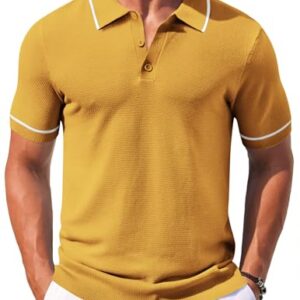 COOFANDY Men Old Money Polo Shirts Short Sleeve Button Down Shirt Summer Textured Crochet Shirt Tops Yellow -