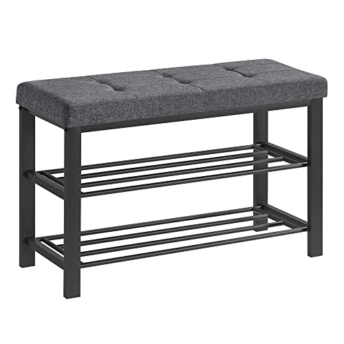 SONGMICS Shoe Bench, Storage Bench, Entryway Bench with Cushion, Shoe Shelf with Seat, Space-Saving, Modern Style, for Living Room, Bedroom, Hallway, Dark Gray and Ink Black ULBS57GYZ -
