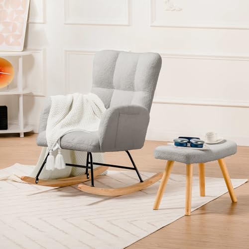 COMHOMA Nursery Rocking Chair with Ottoman, Teddy Glider Rocker Accent Chairs with High Backrest Reading Chair for Adult,Bedroom, Living Room, Offices (Gray with Ottoman) -