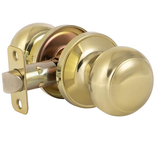 HOSOM Polished Brass Door Knob - Interior Passage Door Knobs, Reversible Round Door Lock Passage Handle for Hallway, Closet, Bedroom, Bathroom Ball Round Keyless No Locking 1 Pack -