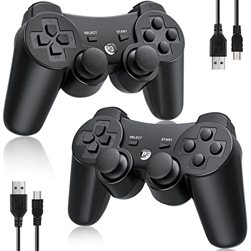 OKHAHA Controller 2 Pack for PS3 Wireless Controller for Sony Playstation 3, Double Shock 3, Bluetooth, Rechargeable, Motion Sensor, Remote for PS3 (No Stripes(Black + Black)) -