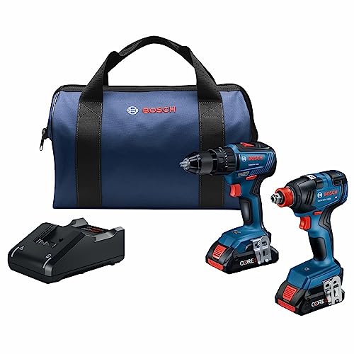 BOSCH GXL18V-233B25 18V 2-Tool Combo Kit with 1/2 In. Hammer Drill/Driver, Two-In-One 1/4 In. and 1/2 In. Bit/Socket Impact Driver/Wrench and (2) CORE18V® 4 Ah Advanced Power Batteries -