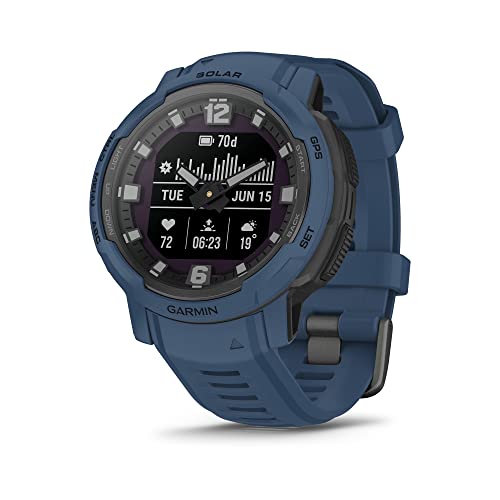 Garmin Instinct Crossover Solar, Rugged Hybrid Smartwatch with Solar Charging Capabilities, Analog Hands and Digital Display, Tidal Blue, Adjustable -