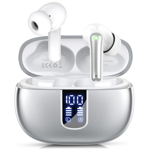 Ear Buds Wireless Earbuds - Bluetooth 5.3 Headphones (48H Playback) Built in Mic with LED Display Charging Case, IP7 Waterproof Earphone for iPhone Andriod Phones Laptop Sports Workout - Silvery -