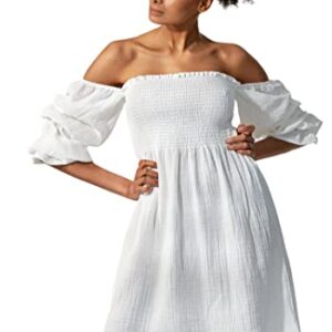 NOTHING FITS BUT Niko Dress, Rectangle Neck Smocked Casual Summer Dresses for Women, Soft Muslin Puffed Sleeve Printed Floral Cotton Dress (White, S/M) -