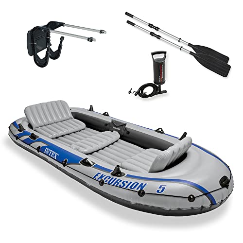 Intex Excursion 5 Person Inflatable Outdoor Fishing Raft Boat Set with 2 Aluminum Oars and Air Pump with a Composite Motor Mount Kit -