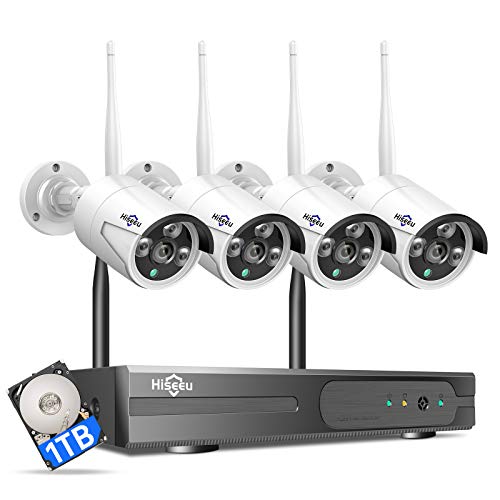 [Wireless Pro, 100ft Range] Hiseeu Wireless Security Camera System, Expandable 16CH 4K NVR, 4Pcs 3MP Night Vision WiFi Cameras Home Surveillance Outdoor, Motion Detection, 1TB HDD, One-Way Audio -