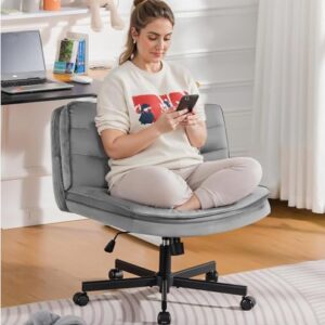 COMHOMA Cross Legged Office Chair with Wheels Armless-Office Desk Chair, Modern Vanity Computer Task Chairs for Home Bedroom, Comfortable Wide Seat for Lower Back Pain Relief, Soft Velvet, Gray -