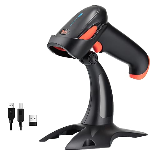 Tera Barcode Scanner Wireless 1D 2D QR with Stand: Battery Level Indicator 3 in 1 Works with Bluetooth 2.4G Wireless USB Wired Handheld Bar Code Reader with Vibration Alert HW0002 Orange -