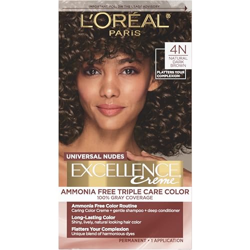 L’Oreal Paris Excellence Universal Nudes Permanent Hair Color, Ammonia Free Hair Dye for Gray Hair Coverage, 4N Natural Dark Brown, 1 Hair Dye Kit -
