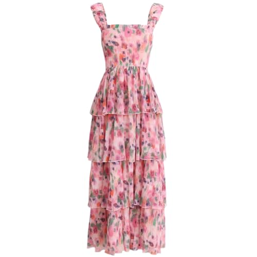 CXMNJ Women's Bohemian Summer Floral Printed Ruffle Pleated Halter Dress Beach Vacation Cute Pink Dresses -