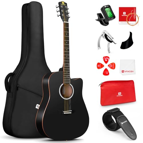 Vangoa 41" Acoustic Guitar Bundle for Adults Beginners Teens Dreadnought Full Size Cutaway Guitarra Acústica Kit with Wooden Bindings, Gig Bag, Tuner, Steel Strings, Capo, Strap, Black -