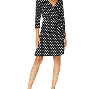 Star Vixen Women's Petite 3/4 Sleeve Faux Wrap Dress with Collar, Black Dot, PL -