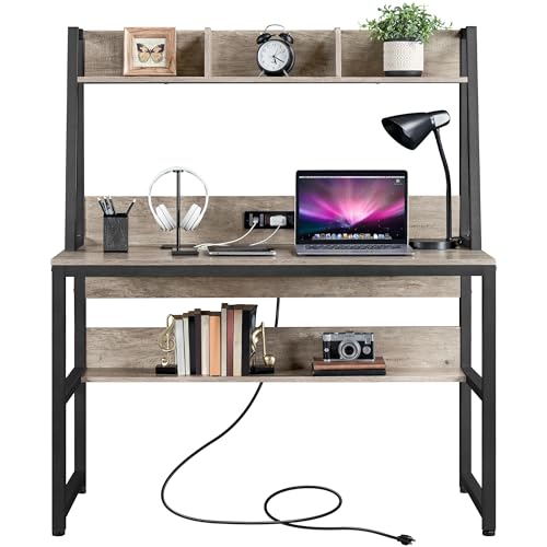 Yaheetech Home Office 47 Inch Writing Desk with Power Outlets and 2 USB Charging Ports for Studying, Gaming Table Computer Desk with Hutch and Bookshelf, Metal Frame Workstation for Office, Gray -