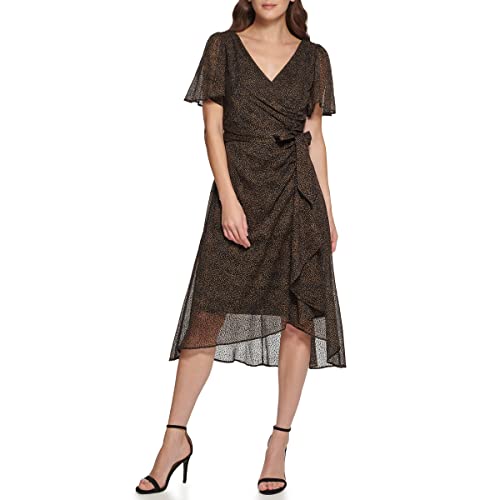 DKNY Women's Flutter Sleeve V-Neck Dress, BLK/Gold, 10 -