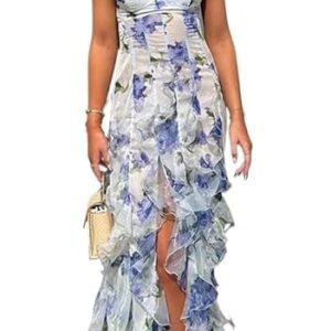 Women's Summer Long Formal Cocktail Dress Spaghetti Strap Asymmetrical Ruffle Printed Maxi Bodycon Dresses(Blue-XS) -