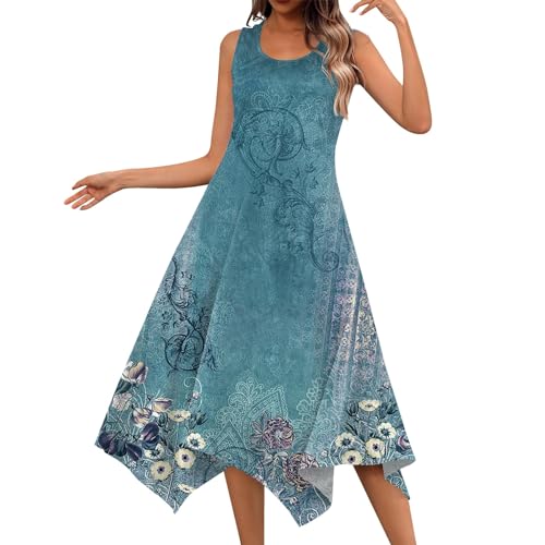 Women's Casual Dresses Womens Sleeveless Irregular Hem Sundresses Summer Crew Neck High Waist Floral Printed Loose Casual Sexy A-Line Dresses Cyan 2X -