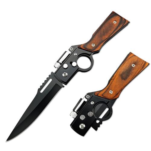 AK47 Button Lock Folding Knife,Assisted Opening Pocket Knives With LED Light,3.7" 5Cr15 Steel Blade Wooden Handle and Pocket Clip, Outdoor Activities Mens Gift-Ideal for Camping, Fishing, Emergency -