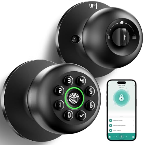 Fingerprint Door Lock, Smart Fingerprint Door Knob with Keypad, Biometric Door knobs with App Control, Auto Lock Door Lock with Code, Keyless Door Knob with Locks for Bedroom, Home,Office-Matte Black -