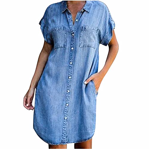 NaRHbrg Summer Denim Shirt Dresses for Womens Short Sleeve Loose Jean Midi Dress Button Down Casual Shift Dress Tunic Top Blue -