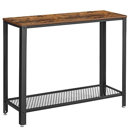 VASAGLE Console Table, 2-Tier Entryway Table with Mesh Shelf, Narrow Sofa Table, Steel Frame, Adjustable Feet, for Hallway, Living Room, Industrial Style, Rustic Brown and Black ULNT80X -