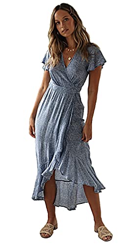 Roll Up Women's Cute Beautiful Lightweight Flowy Ruffle Floral Print Bohemian Maxi Wrap Around Dress (as1, Alpha, x_s, Regular, Regular, Blue) -