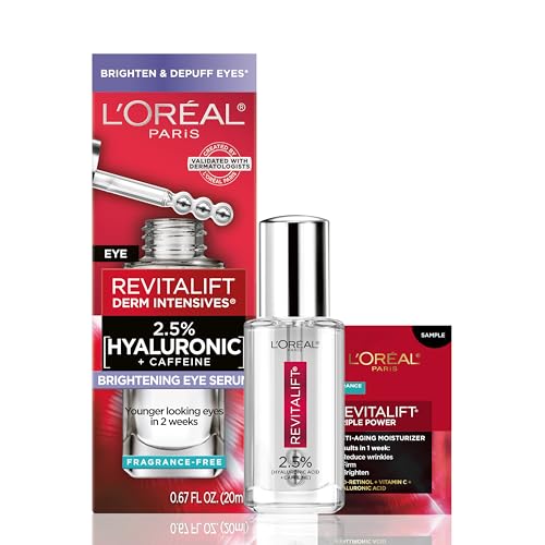 L'Oreal Paris Revitalift Hyaluronic Acid + Caffeine Hydrating Eye Serum for Dark Circles, Fragrance Free .67 fl. oz + Moisturizer Sample -