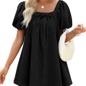 POLIRO Denim Dress for Women, Puff Short Sleeve Jean Dress Square Neck Denim Romper with Pockets -