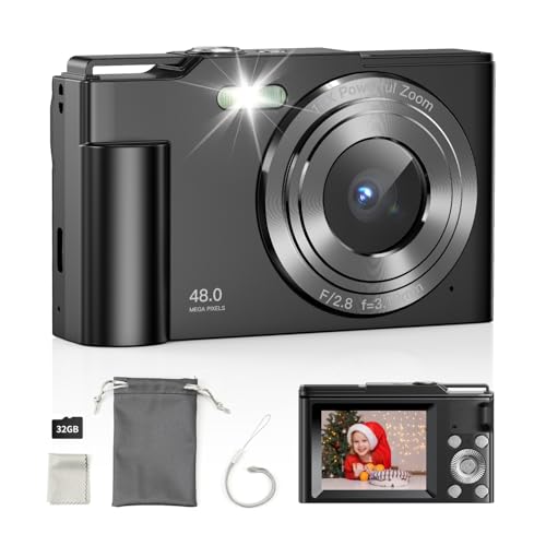 Digital Camera, FHD 1080P Kids Point and Shoot Camera with 16X Digital Zoom, Anti-Shake, Flash, 32GB Card, Portable Compact Travel Camera for Boys, Girls (Black) -