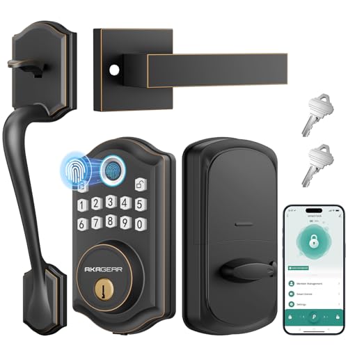 AkaGear DS10 Pro Keyless Entry Door Lock with Handle Set, Smart Front Door Locks Set, Electronic Keypad, Fingerprint Deadbolt, Bluetooth APP Control, Auto-Lock & One Touch Locking, Oil Rubbed Bronze -