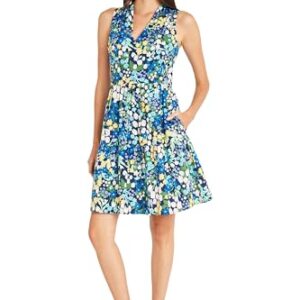 Maggy London Womens Casual V-Neck Sleeveless Floral Mini for Pretty Garden Summer Dresses, Navy/True Blue, 14 US -