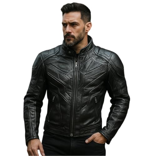 Men's Real Leather Biker Jacket – Slim Fit Motorcycle Style with Stand Collar – Black Moto Riding Jacket (US, Alpha, X-Small, Regular, Regular, Black) -