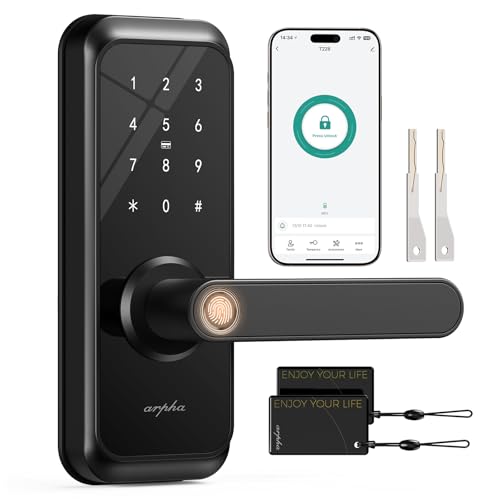 Smart Door Lock with Handle - 5-in-1 Fingerprint Keyless Entry, APP Control, Keypad Deadbolt, FOB & Auto-Lock, Anti-Peep, Waterproof IP65 for Front Door Security (Black) -