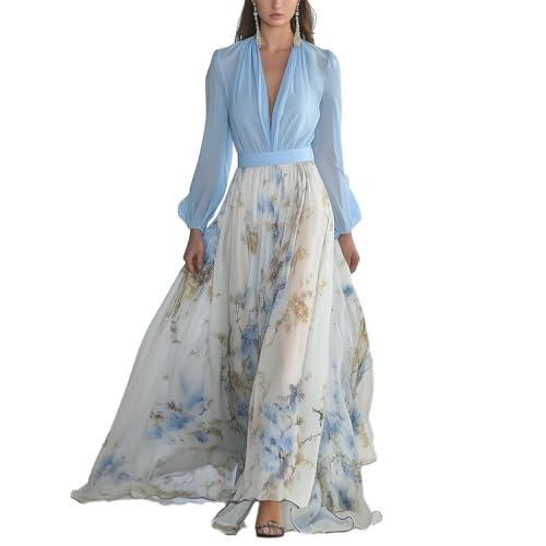 Chiffon Dresses for Women 2025 Boho Floral Deep V Neck Long Sleeve Maxi Dress Elegant Flowy Spring Summer Wedding Guest Party Prom Cocktail Dress(Blue, M) -