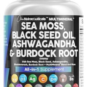 Clean Nutraceuticals Sea Moss Black Seed Oil Ashwagandha Turmeric Bladderwrack Burdock & Vitamin C Vitamin D3 with Elderberry Manuka Dandelion Yellow Dock Iodine Chlorophyll ACV -