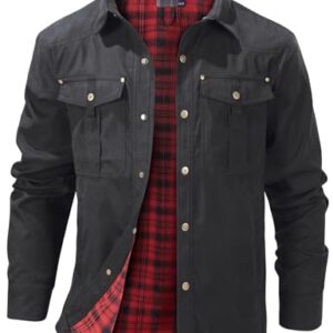 Flygo Mens Flannel Lined Shirt Jacket Vintage Snap Button Western Jacket Rugged Outdoor Cowboy Shirts Jackets(Black-M) -