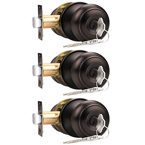 Probrico Keyed Alike Door Knobs with Lock and Key, Exterior Door Locks, Flat Ball Knob Style, Oil Rubbed Bronze, 3 Pack -