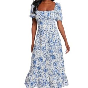 London Times Women's Dresses Square Neck Smocked Back Linen Blend Flattering Versatile Spring Summer Garden Party Dress, Ivory/Navy, 10 -