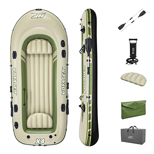 Bestway Hydro-Force Voyager X4 Inflatable 4 Person Water Raft Outdoor Floating Boat Set | Includes Inflatable Boat, Aluminum Oars, Hand-Pump and Carry Bag -