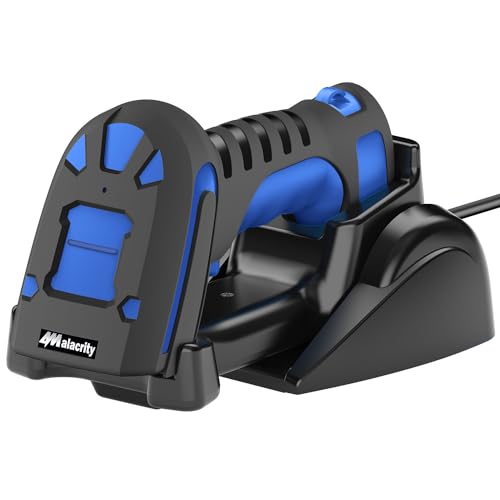 Alacrity Upgraded 2D Industrial Barcode Scanner with Wireless Charging Stand, 1968 Feet Transmission Distance 433Mhz Wireless & Bluetooth 2in1 Barcode Reader, Shock Dust Proof Hands Free, Blue -