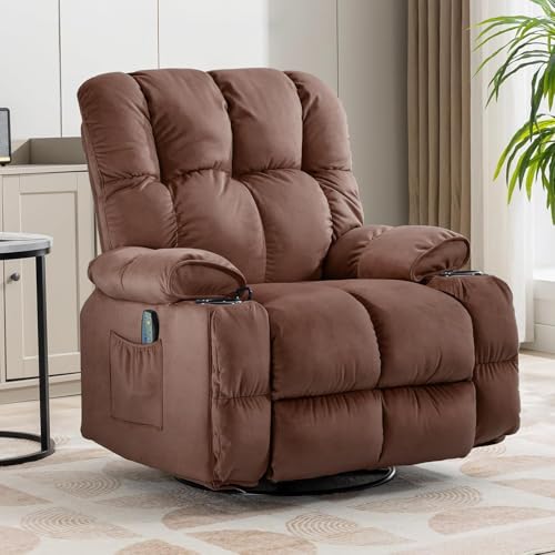 COMHOMA Recliner Chair, Swivel Rocker Recliner with Cup Holders, Heat and Massage, Fabric Recliners Sofa for Living Room (Brown) -